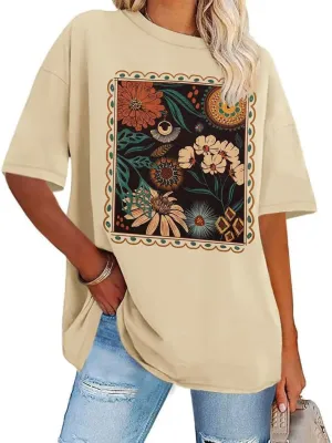 Women's Vintage Floral Crewneck T Shirt Summer Oversized Boho Wildflower Graphic Loose Tees Short Sleeve Casual Tops