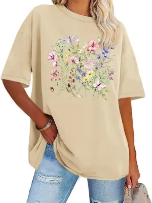 Women's Vintage Floral Crewneck T Shirt Summer Oversized Boho Wildflower Graphic Loose Tees Short Sleeve Casual Tops