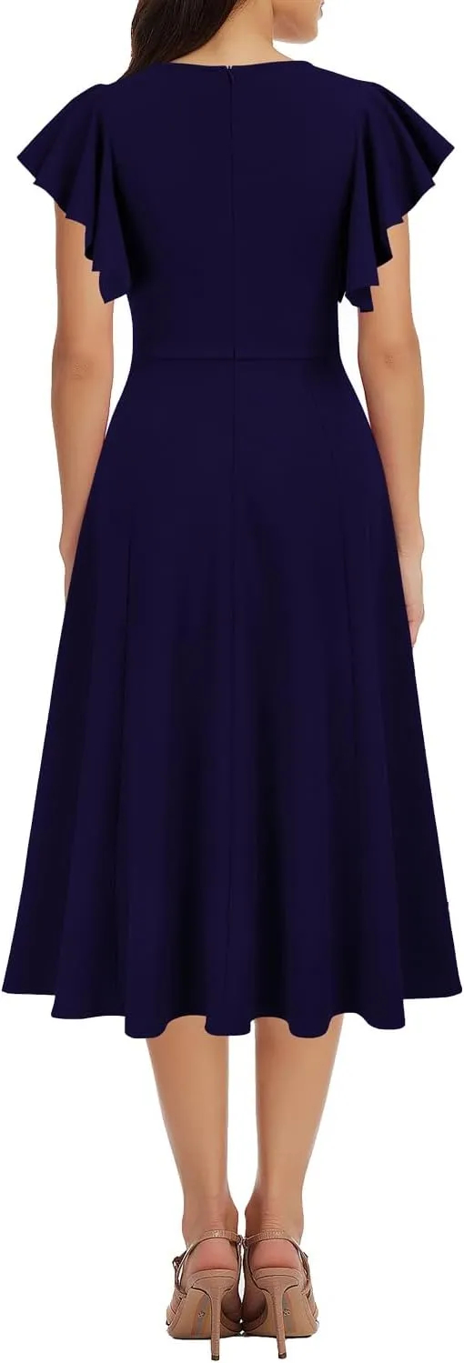 WOOSEA Women's Ruffle Short Sleeve Deep V Neck A Line Swing Flared Cocktail Party Midi Dress