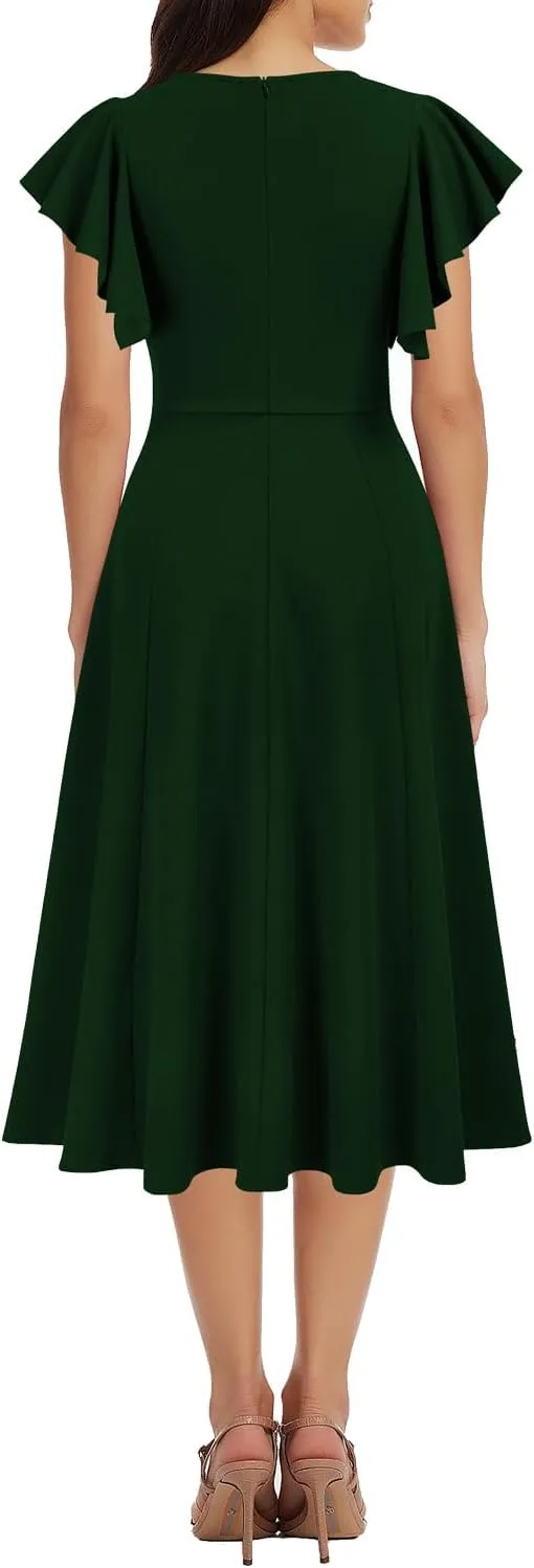 WOOSEA Women's Ruffle Short Sleeve Deep V Neck A Line Swing Flared Cocktail Party Midi Dress