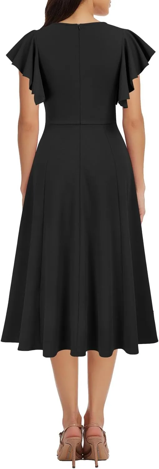 WOOSEA Women's Ruffle Short Sleeve Deep V Neck A Line Swing Flared Cocktail Party Midi Dress