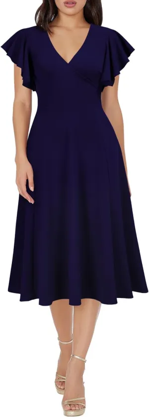 WOOSEA Women's Ruffle Short Sleeve Deep V Neck A Line Swing Flared Cocktail Party Midi Dress
