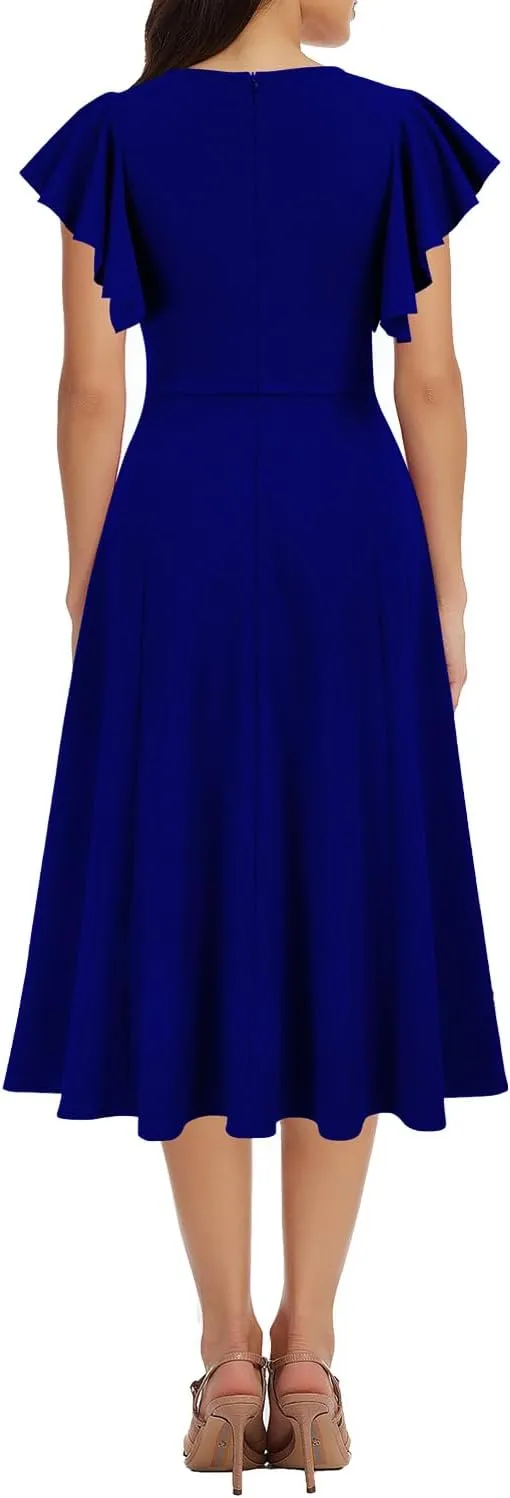 WOOSEA Women's Ruffle Short Sleeve Deep V Neck A Line Swing Flared Cocktail Party Midi Dress