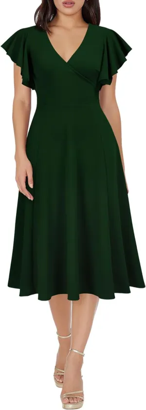 WOOSEA Women's Ruffle Short Sleeve Deep V Neck A Line Swing Flared Cocktail Party Midi Dress