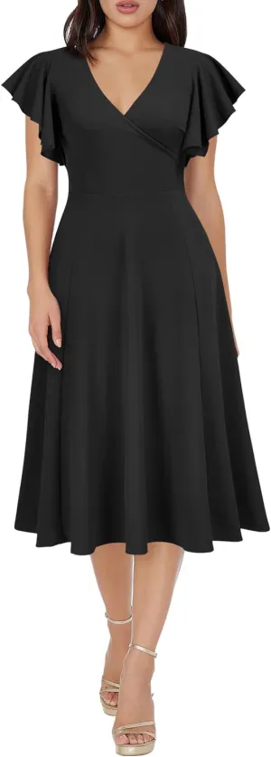 WOOSEA Women's Ruffle Short Sleeve Deep V Neck A Line Swing Flared Cocktail Party Midi Dress
