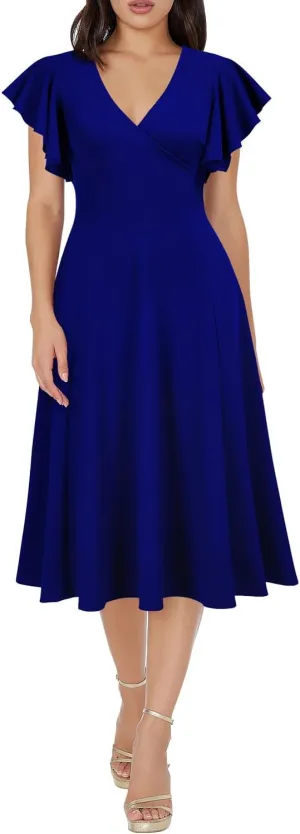 WOOSEA Women's Ruffle Short Sleeve Deep V Neck A Line Swing Flared Cocktail Party Midi Dress