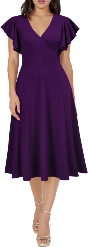 WOOSEA Women's Ruffle Short Sleeve Deep V Neck A Line Swing Flared Cocktail Party Midi Dress