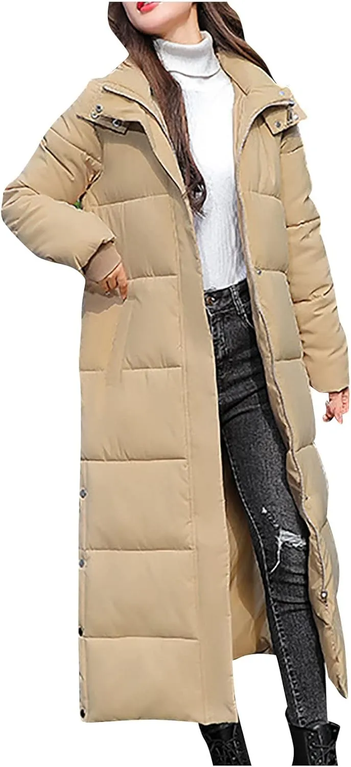 XUNRYAN Winter Jackets for Women Long Parka Puffer Coat Hooded Thicken Quilted Ankle Length Maxi Long Coats Anorak Outwear