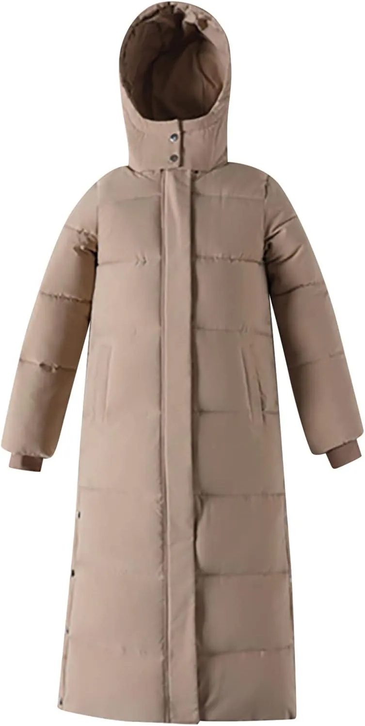 XUNRYAN Winter Jackets for Women Long Parka Puffer Coat Hooded Thicken Quilted Ankle Length Maxi Long Coats Anorak Outwear
