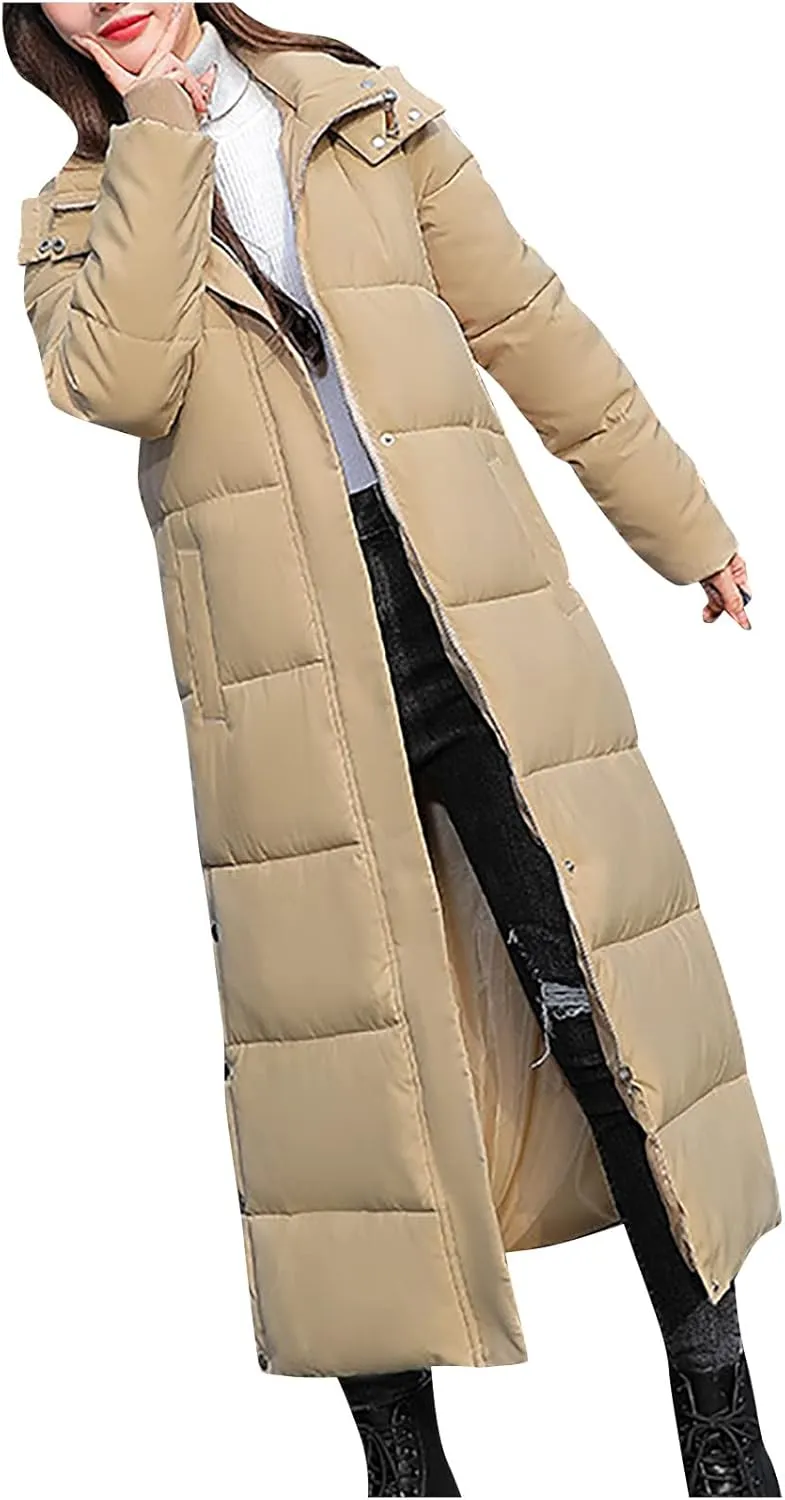 XUNRYAN Winter Jackets for Women Long Parka Puffer Coat Hooded Thicken Quilted Ankle Length Maxi Long Coats Anorak Outwear