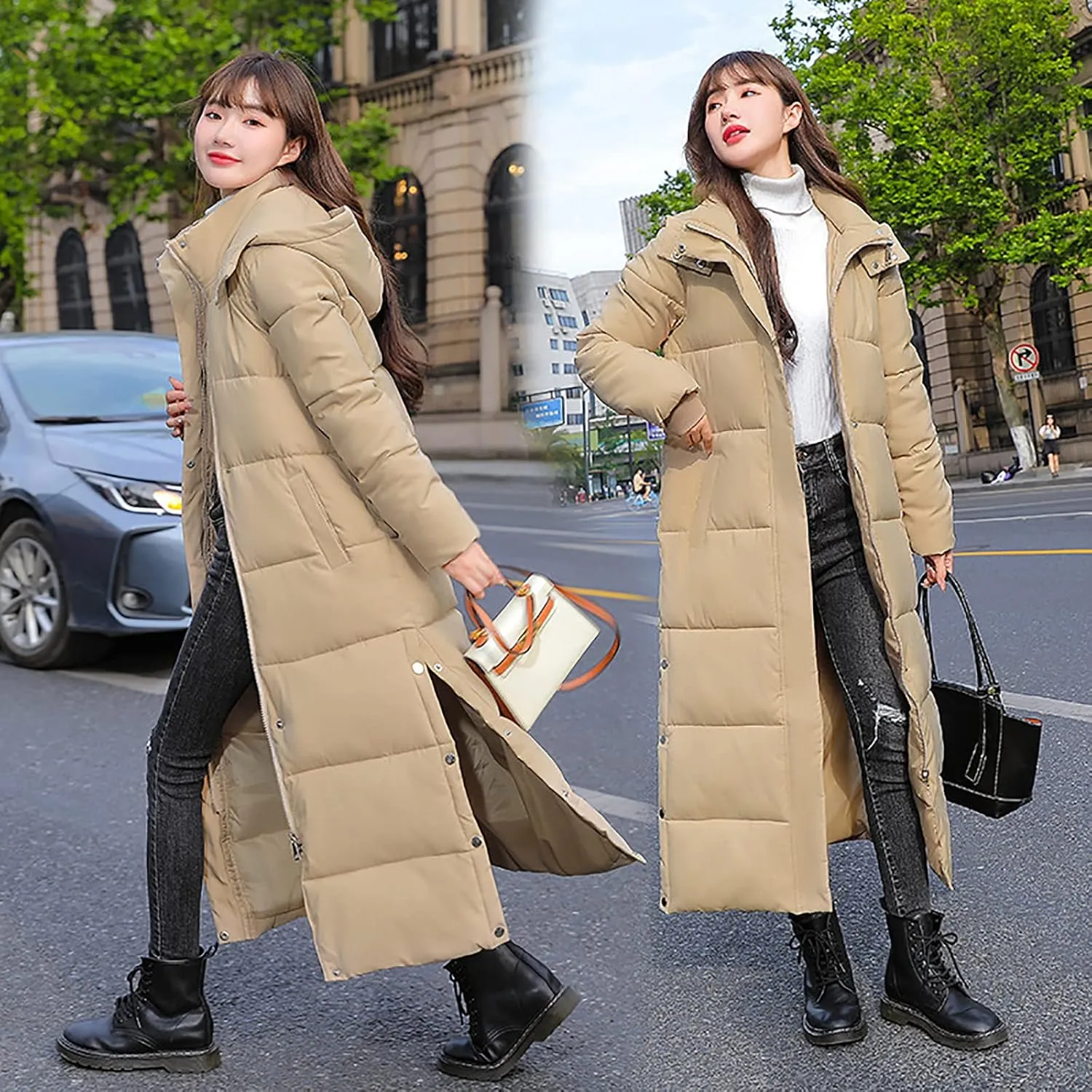 XUNRYAN Winter Jackets for Women Long Parka Puffer Coat Hooded Thicken Quilted Ankle Length Maxi Long Coats Anorak Outwear