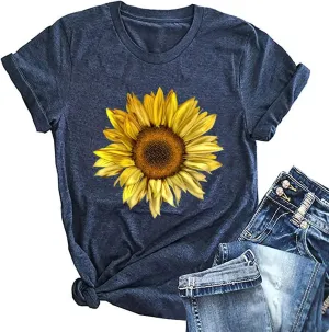 Ykomow Sunflower Shirts Floral Print Graphic Tees Womens Casual Mothers Day Shirt 4th of July T Shirt
