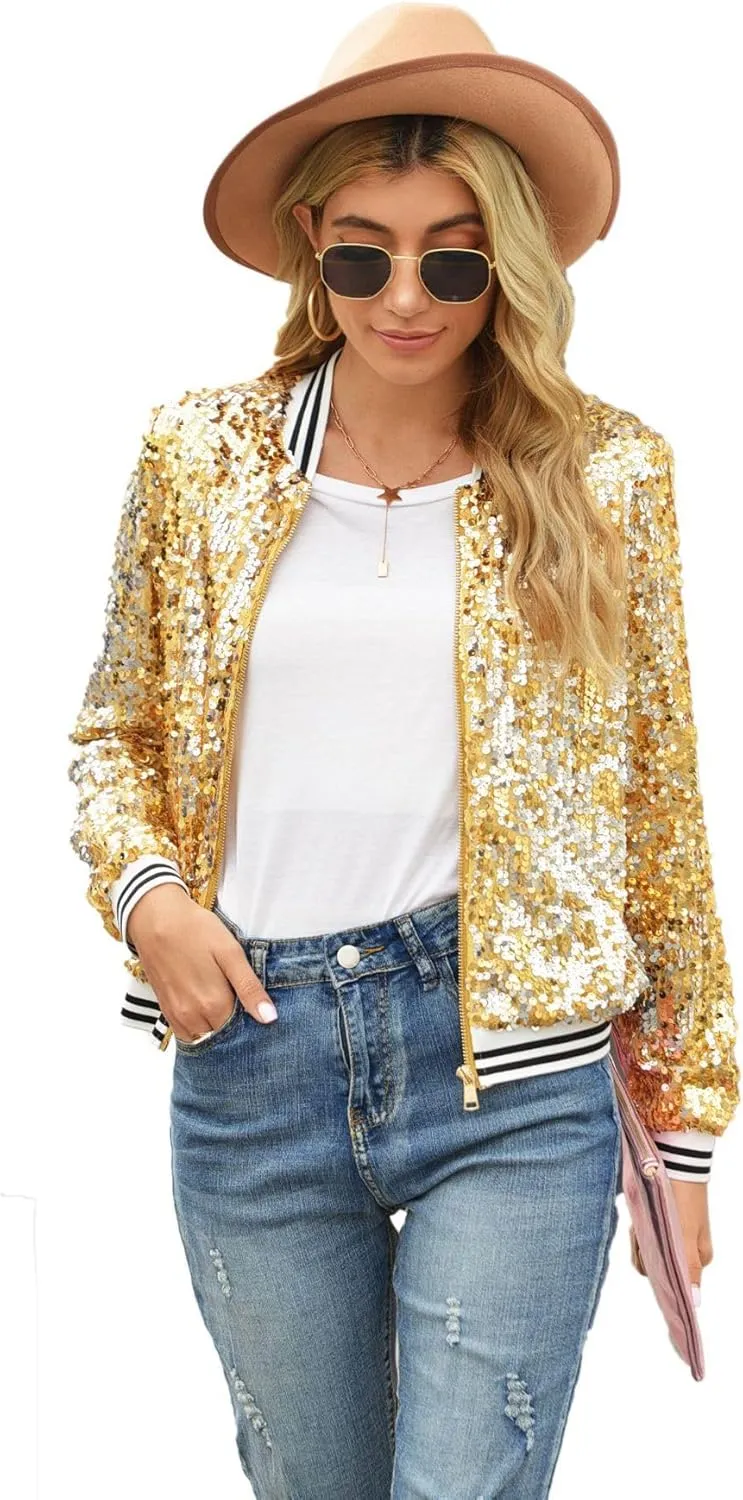 yolsun Women's Sequin Jacket, Mardi Gras Sparkle Bomber Blazer Coat with Long Sleeve Adult for Carnival Party