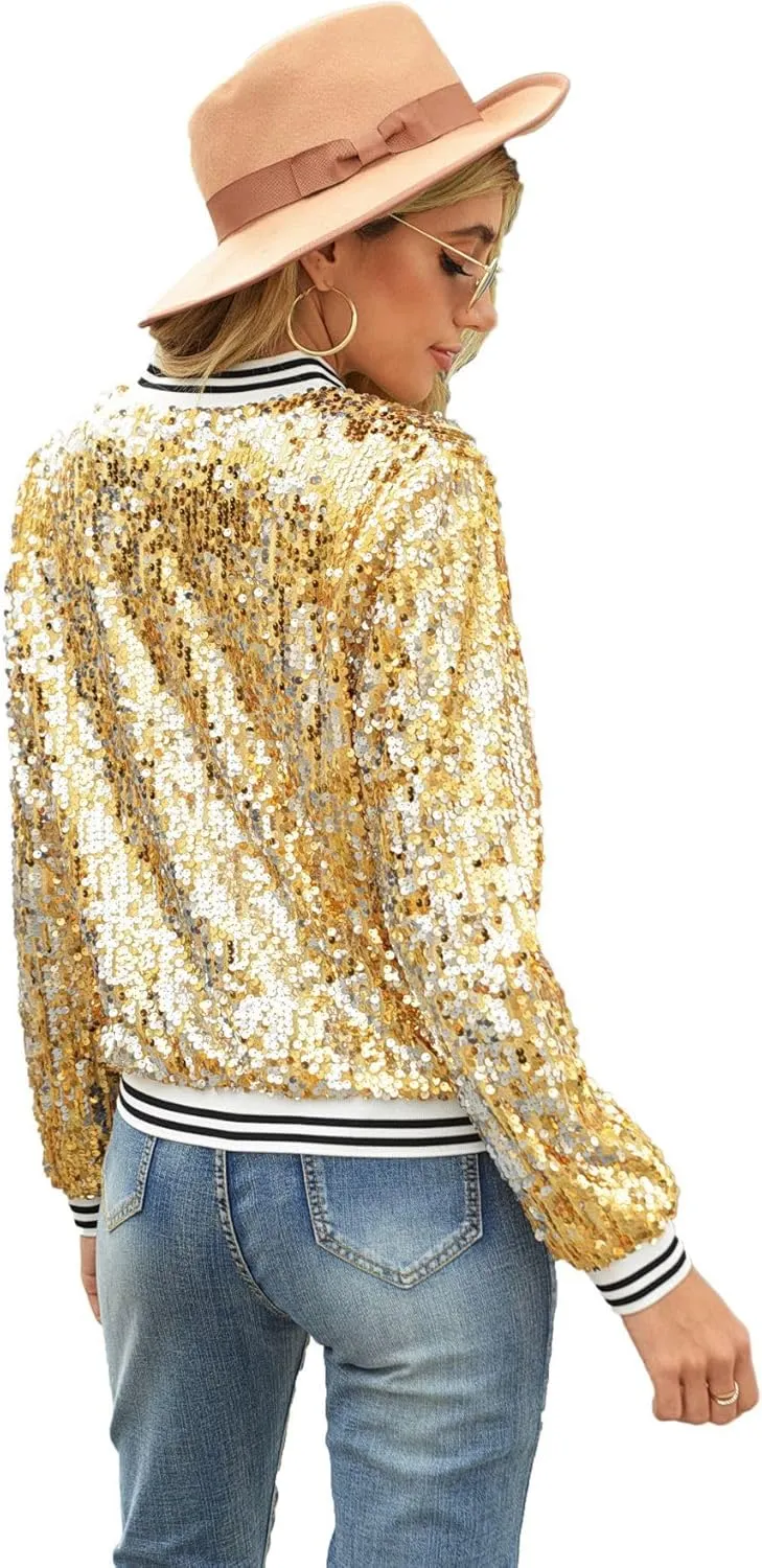 yolsun Women's Sequin Jacket, Mardi Gras Sparkle Bomber Blazer Coat with Long Sleeve Adult for Carnival Party