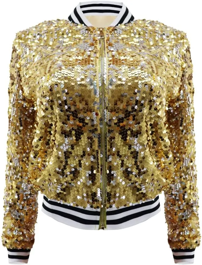 yolsun Women's Sequin Jacket, Mardi Gras Sparkle Bomber Blazer Coat with Long Sleeve Adult for Carnival Party