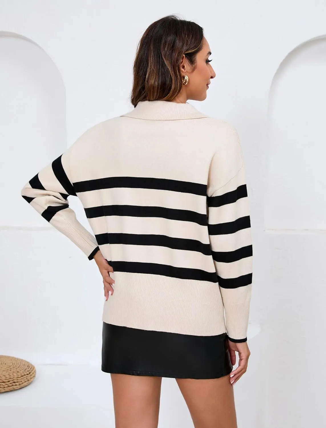 Zeagoo Women's 2024 V Neck Striped Sweater Long Sleeve Oversized Fashion Knitted Pullover Fall Sweaters Tops