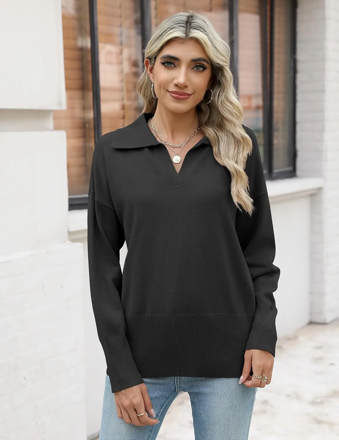 Zeagoo Women's 2024 V Neck Striped Sweater Long Sleeve Oversized Fashion Knitted Pullover Fall Sweaters Tops