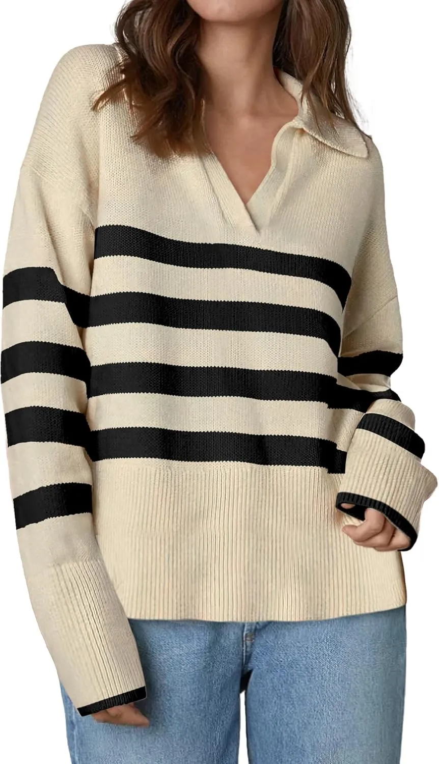 Zeagoo Women's 2024 V Neck Striped Sweater Long Sleeve Oversized Fashion Knitted Pullover Fall Sweaters Tops