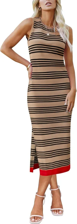 Zeagoo Womens Bodycon Midi Dresses Summer Casual Sleeveless Dress Women Knit Side Slit Striped 2025 Long Tank Dress
