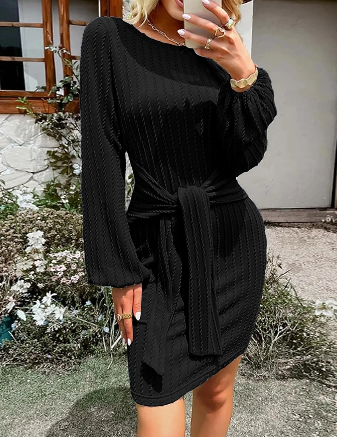 Zeagoo Women's Casual Knit Dress Fall Long Sleeve Bodycon Dress Crewneck Tie Waist Rib Knitted Sweater Dresses