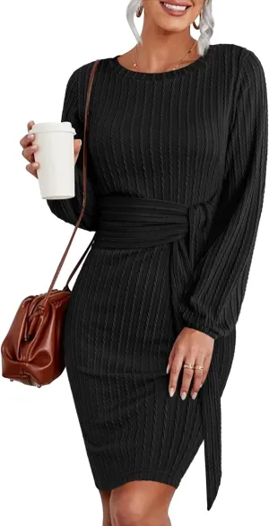 Zeagoo Women's Casual Knit Dress Fall Long Sleeve Bodycon Dress Crewneck Tie Waist Rib Knitted Sweater Dresses