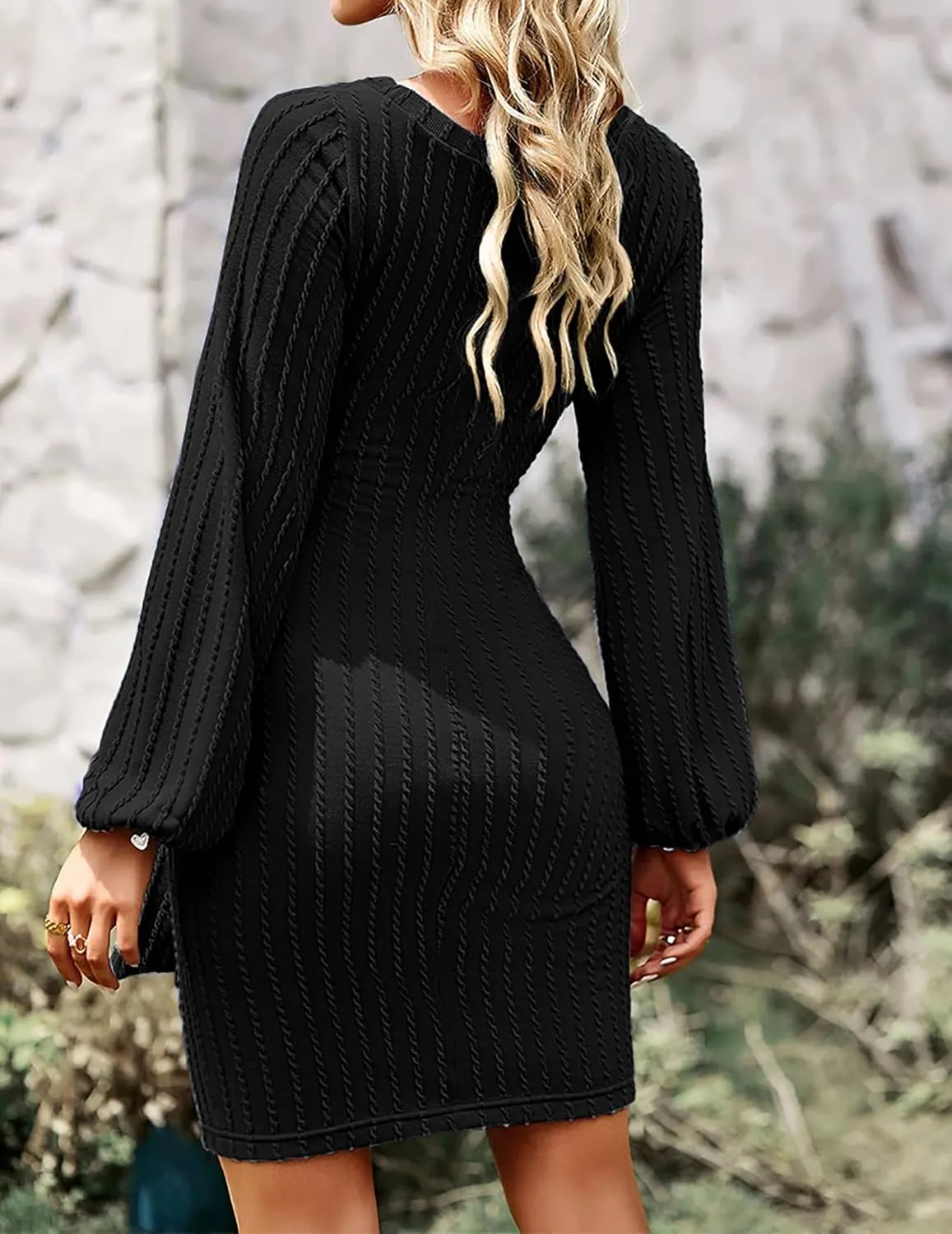 Zeagoo Women's Casual Knit Dress Fall Long Sleeve Bodycon Dress Crewneck Tie Waist Rib Knitted Sweater Dresses