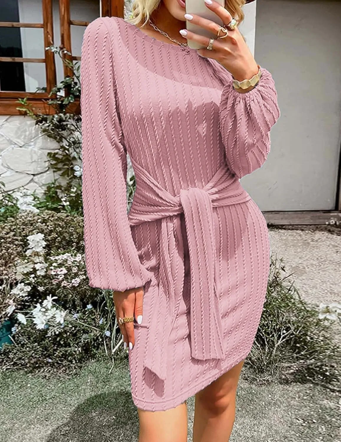 Zeagoo Women's Casual Knit Dress Fall Long Sleeve Bodycon Dress Crewneck Tie Waist Rib Knitted Sweater Dresses