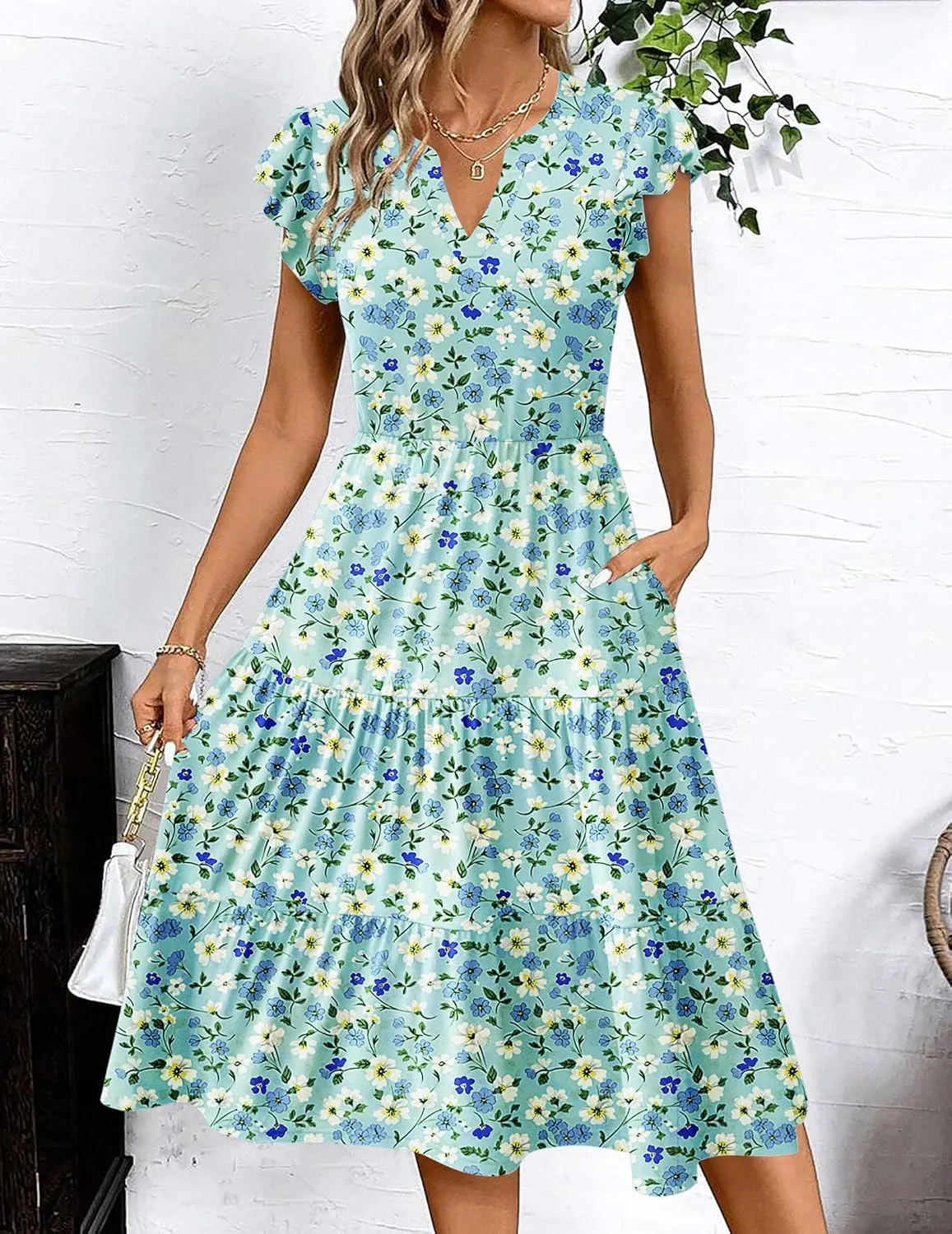Zeagoo Womens Summer Casual Dresses Ruffle Sleeve V Neck Midi Dress Flowy Tiered Dress with Pockets Boho Sundresses