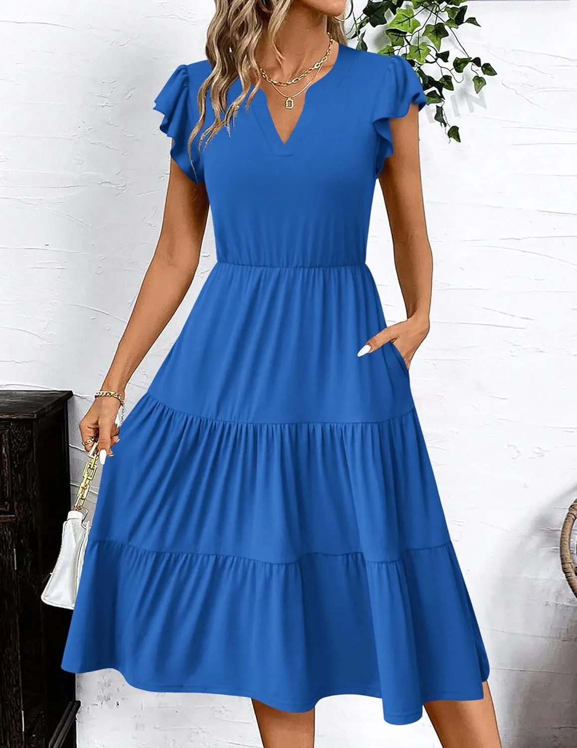Zeagoo Womens Summer Casual Dresses Ruffle Sleeve V Neck Midi Dress Flowy Tiered Dress with Pockets Boho Sundresses