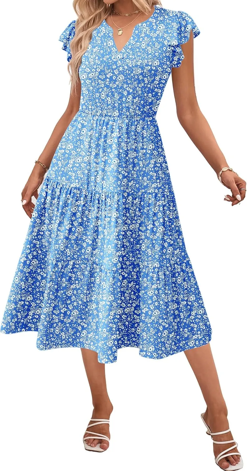 Zeagoo Womens Summer Casual Dresses Ruffle Sleeve V Neck Midi Dress Flowy Tiered Dress with Pockets Boho Sundresses