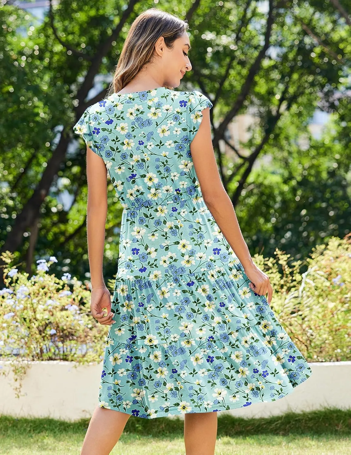 Zeagoo Womens Summer Casual Dresses Ruffle Sleeve V Neck Midi Dress Flowy Tiered Dress with Pockets Boho Sundresses