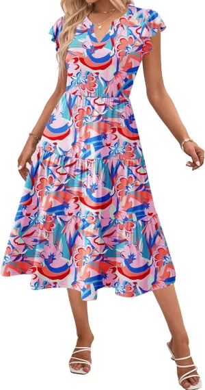Zeagoo Womens Summer Casual Dresses Ruffle Sleeve V Neck Midi Dress Flowy Tiered Dress with Pockets Boho Sundresses
