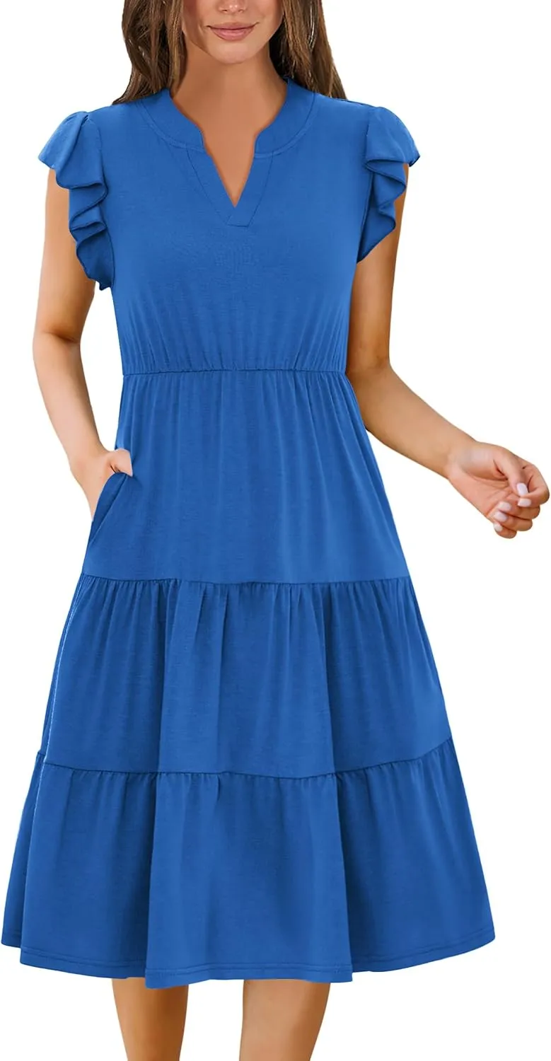 Zeagoo Womens Summer Casual Dresses Ruffle Sleeve V Neck Midi Dress Flowy Tiered Dress with Pockets Boho Sundresses