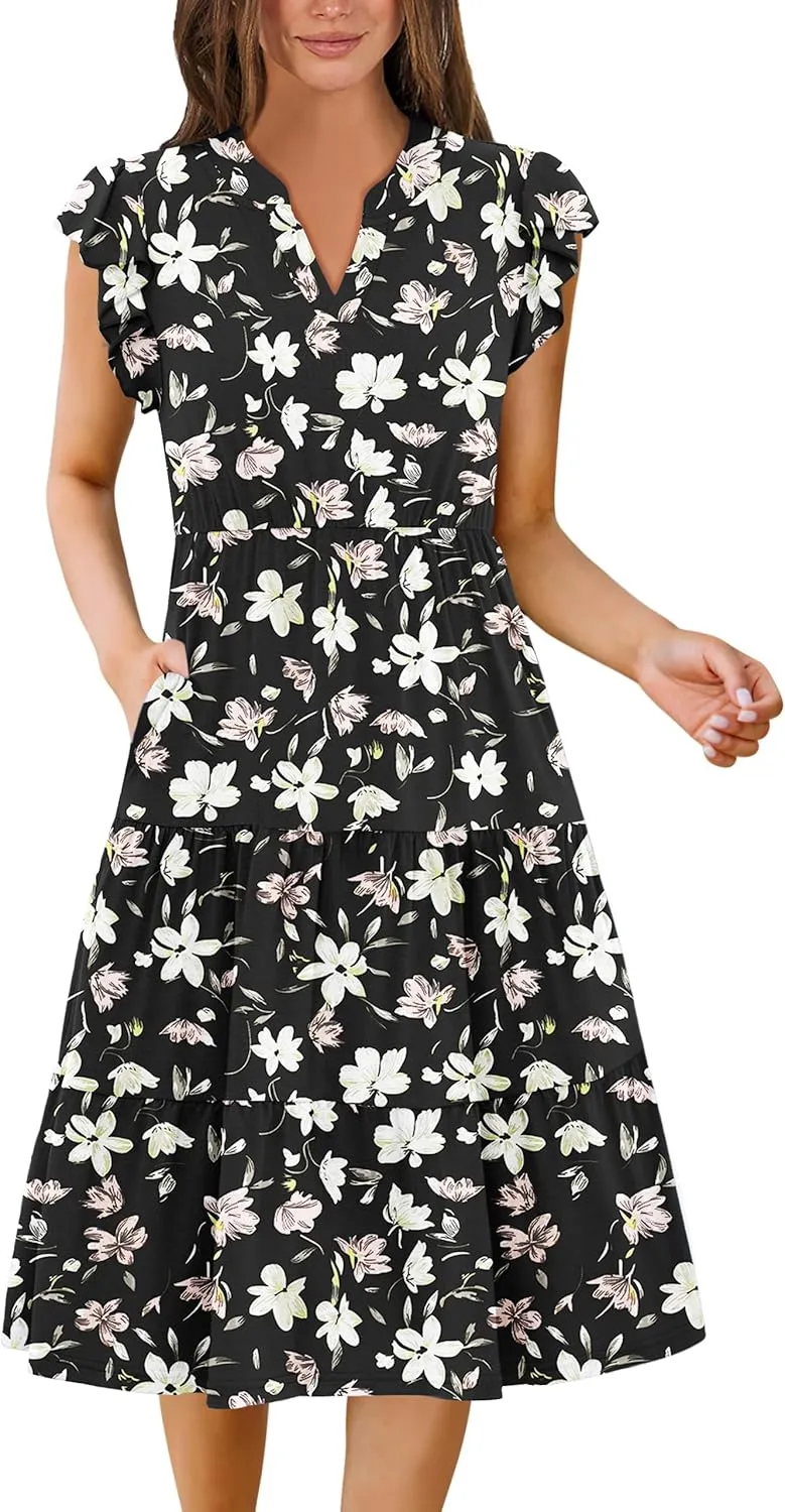 Zeagoo Womens Summer Casual Dresses Ruffle Sleeve V Neck Midi Dress Flowy Tiered Dress with Pockets Boho Sundresses
