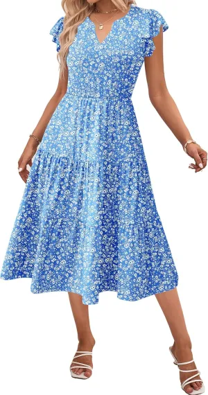 Zeagoo Womens Summer Casual Dresses Ruffle Sleeve V Neck Midi Dress Flowy Tiered Dress with Pockets Boho Sundresses