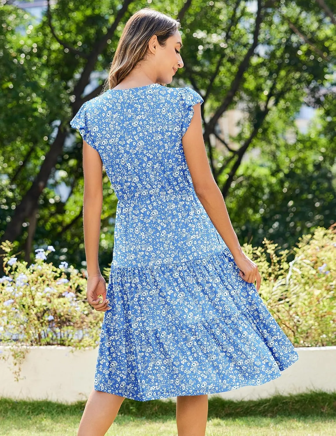 Zeagoo Womens Summer Casual Dresses Ruffle Sleeve V Neck Midi Dress Flowy Tiered Dress with Pockets Boho Sundresses