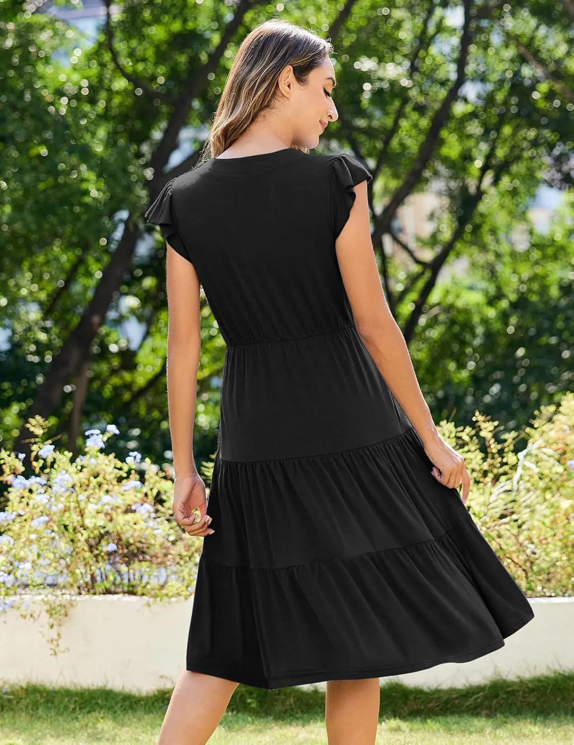Zeagoo Womens Summer Casual Dresses Ruffle Sleeve V Neck Midi Dress Flowy Tiered Dress with Pockets Boho Sundresses