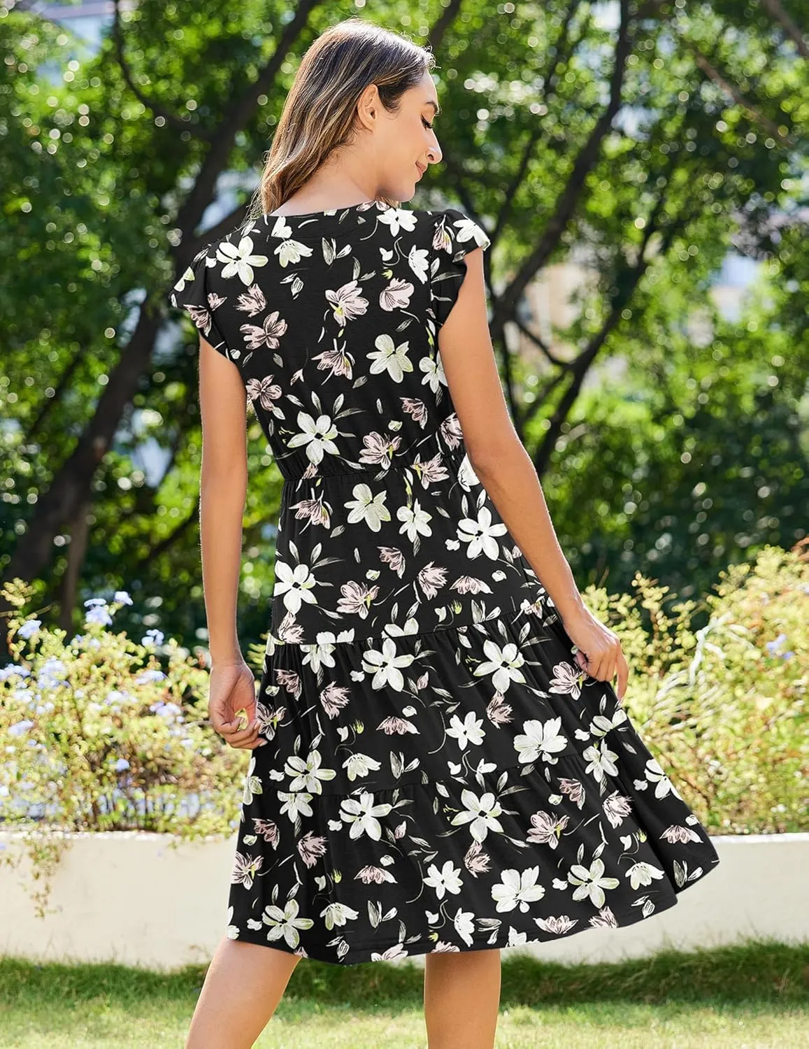 Zeagoo Womens Summer Casual Dresses Ruffle Sleeve V Neck Midi Dress Flowy Tiered Dress with Pockets Boho Sundresses