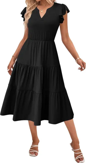 Zeagoo Womens Summer Casual Dresses Ruffle Sleeve V Neck Midi Dress Flowy Tiered Dress with Pockets Boho Sundresses