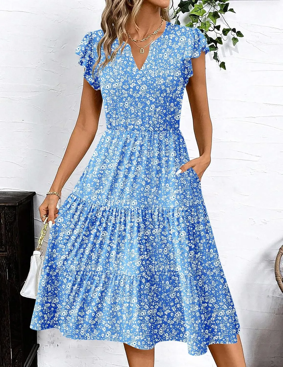 Zeagoo Womens Summer Casual Dresses Ruffle Sleeve V Neck Midi Dress Flowy Tiered Dress with Pockets Boho Sundresses