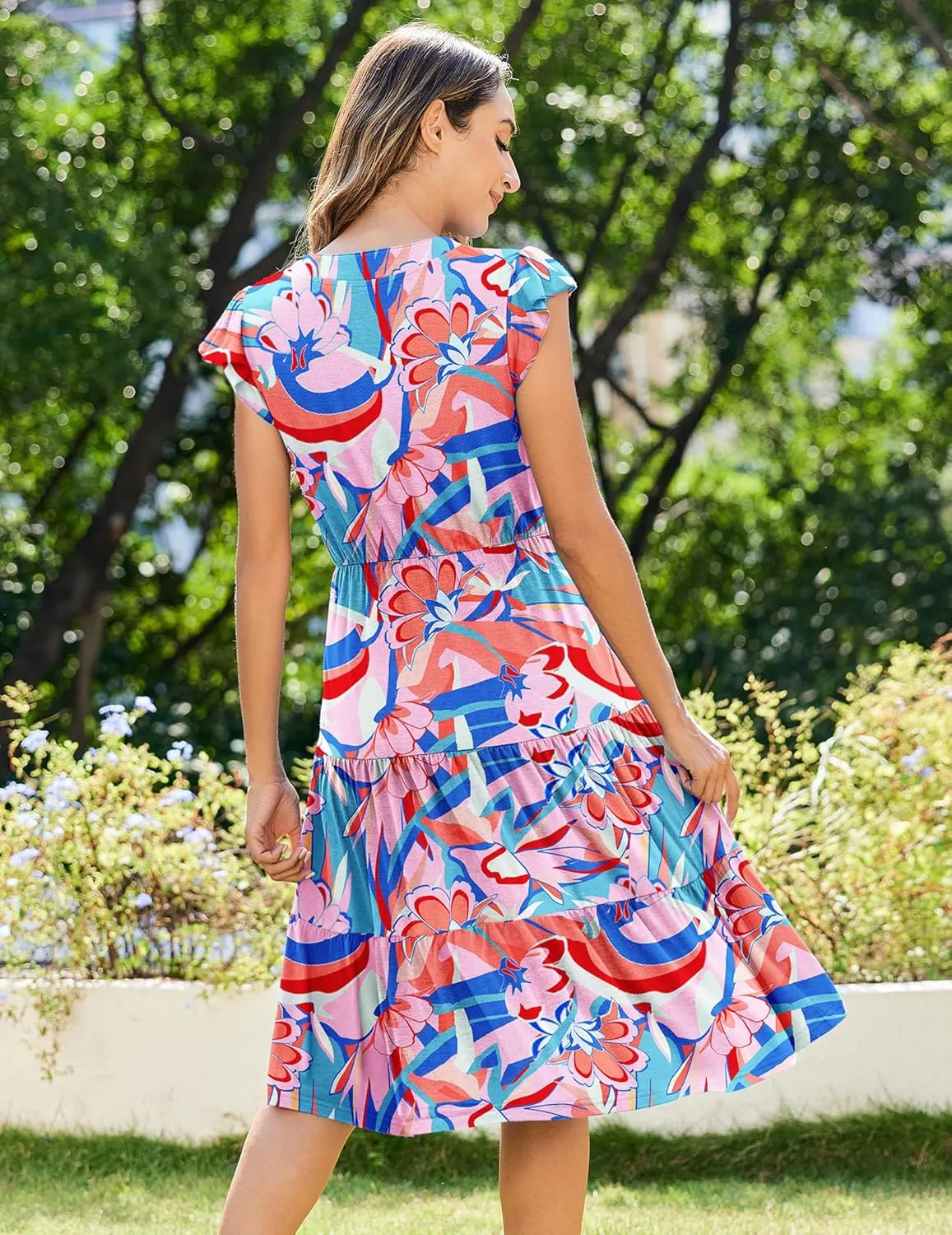 Zeagoo Womens Summer Casual Dresses Ruffle Sleeve V Neck Midi Dress Flowy Tiered Dress with Pockets Boho Sundresses