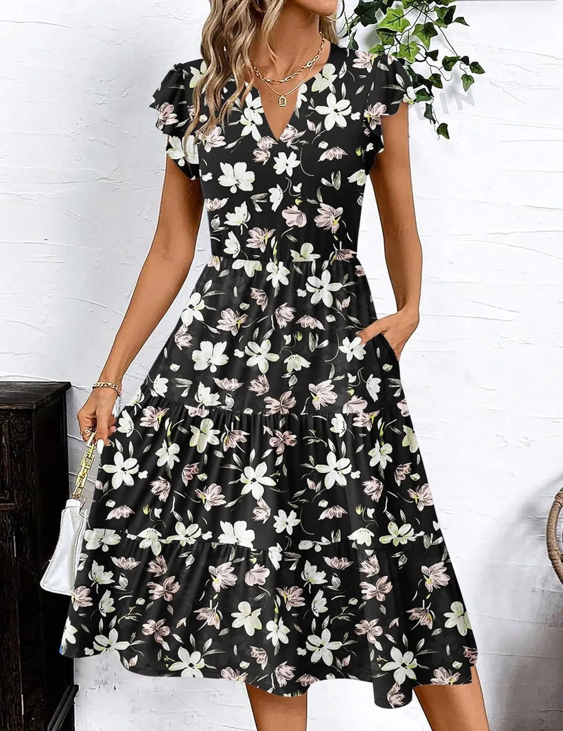 Zeagoo Womens Summer Casual Dresses Ruffle Sleeve V Neck Midi Dress Flowy Tiered Dress with Pockets Boho Sundresses