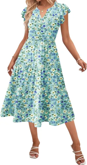 Zeagoo Womens Summer Casual Dresses Ruffle Sleeve V Neck Midi Dress Flowy Tiered Dress with Pockets Boho Sundresses
