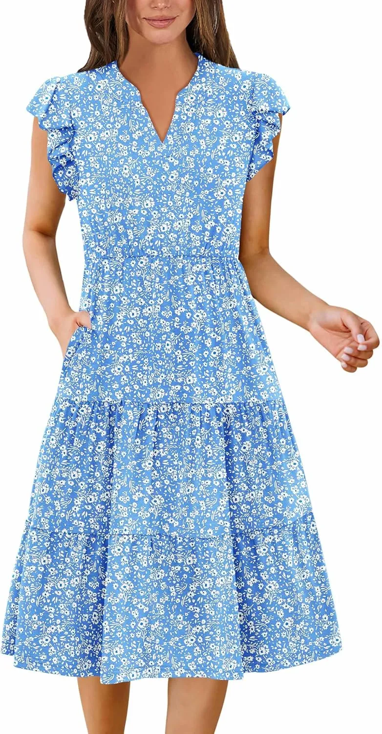 Zeagoo Womens Summer Casual Dresses Ruffle Sleeve V Neck Midi Dress Flowy Tiered Dress with Pockets Boho Sundresses