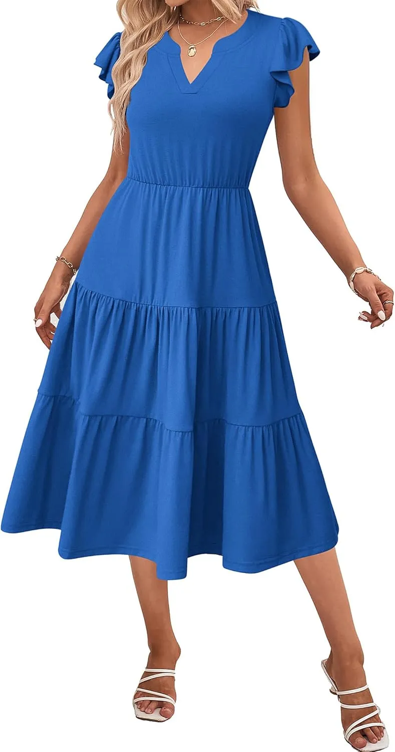 Zeagoo Womens Summer Casual Dresses Ruffle Sleeve V Neck Midi Dress Flowy Tiered Dress with Pockets Boho Sundresses
