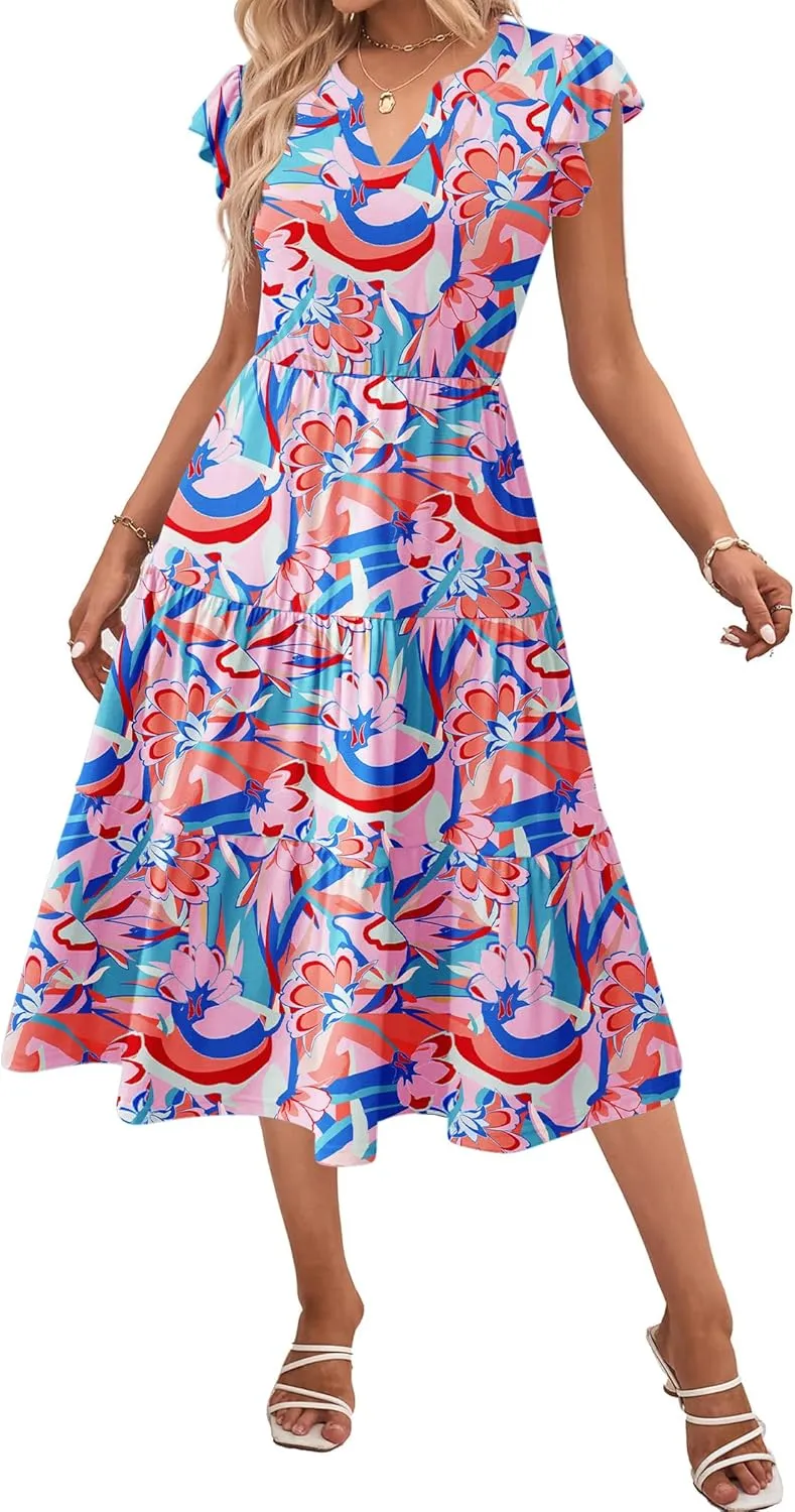 Zeagoo Womens Summer Casual Dresses Ruffle Sleeve V Neck Midi Dress Flowy Tiered Dress with Pockets Boho Sundresses
