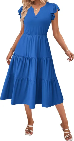 Zeagoo Womens Summer Casual Dresses Ruffle Sleeve V Neck Midi Dress Flowy Tiered Dress with Pockets Boho Sundresses