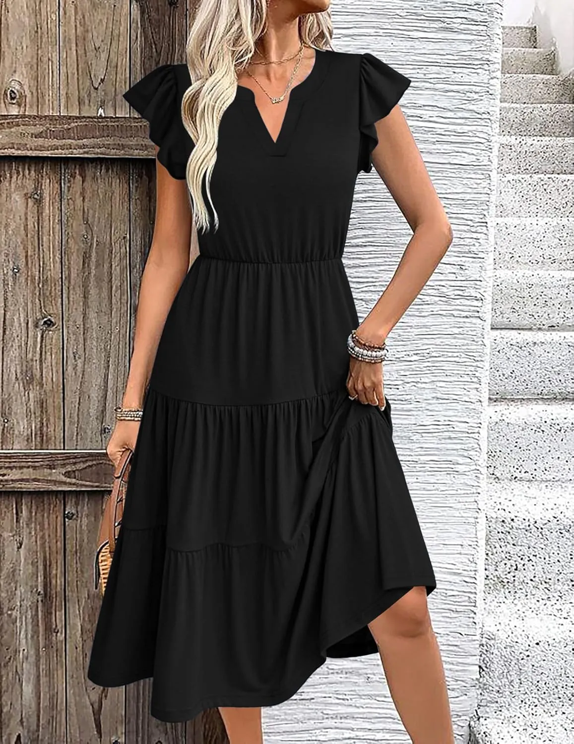 Zeagoo Womens Summer Casual Dresses Ruffle Sleeve V Neck Midi Dress Flowy Tiered Dress with Pockets Boho Sundresses