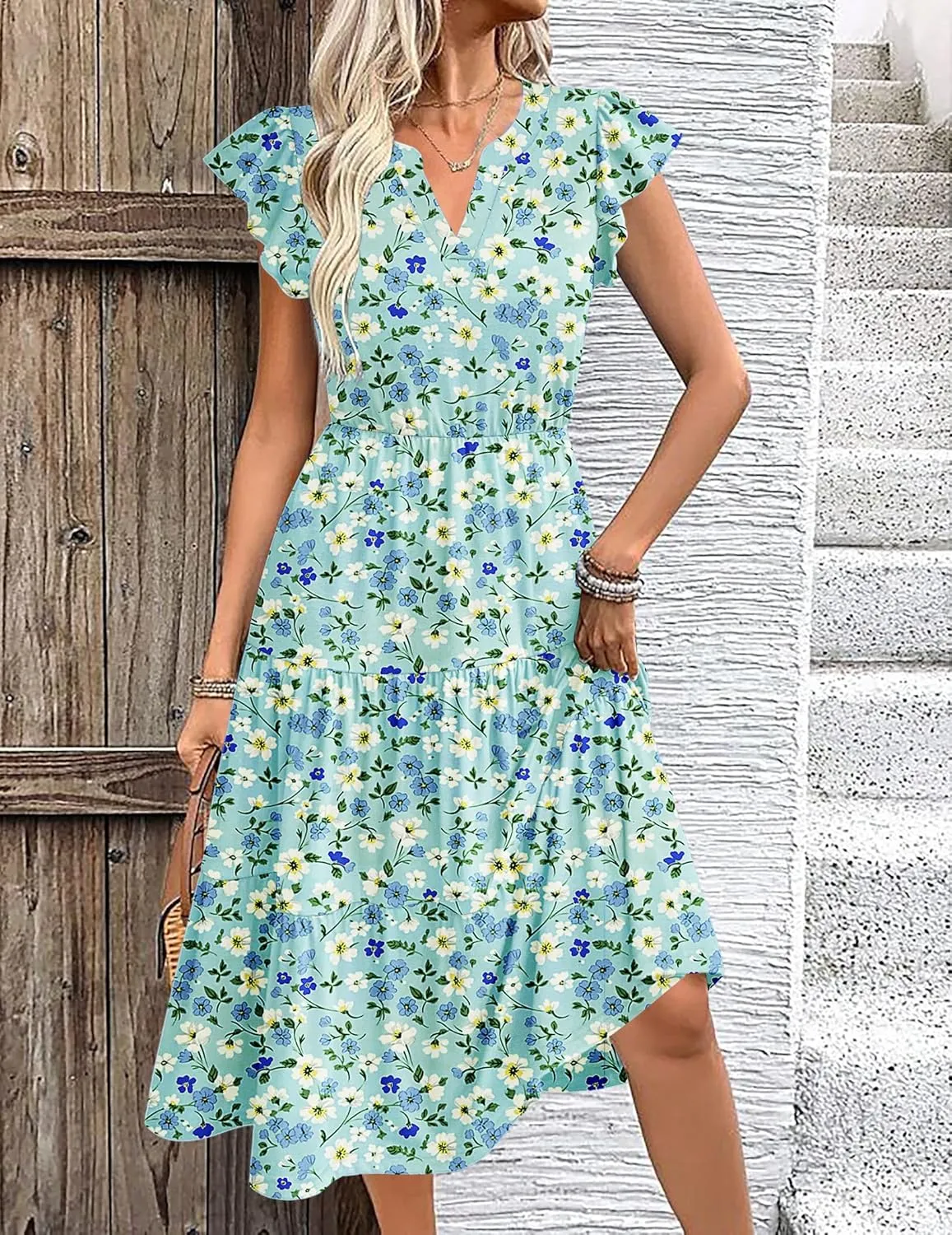 Zeagoo Womens Summer Casual Dresses Ruffle Sleeve V Neck Midi Dress Flowy Tiered Dress with Pockets Boho Sundresses