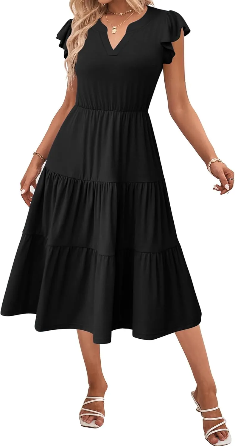 Zeagoo Womens Summer Casual Dresses Ruffle Sleeve V Neck Midi Dress Flowy Tiered Dress with Pockets Boho Sundresses